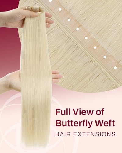 Image of Moresoo Butterfly Weft Hair Extensions Human Hair, Invisible Genius Weft, #60 Golden Platinum Blonde 20 Inch 100g, Add Volume, OVO PU Hole, Straight Soft Remy Hair, Simple Installation