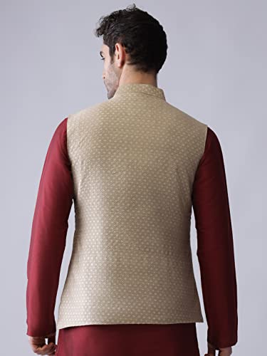 Image of KISAH Men's Cream Jacquard Silk Blend Nehru Jacket- Traditional Indian Waistcoat for Weddings & Royal Parties