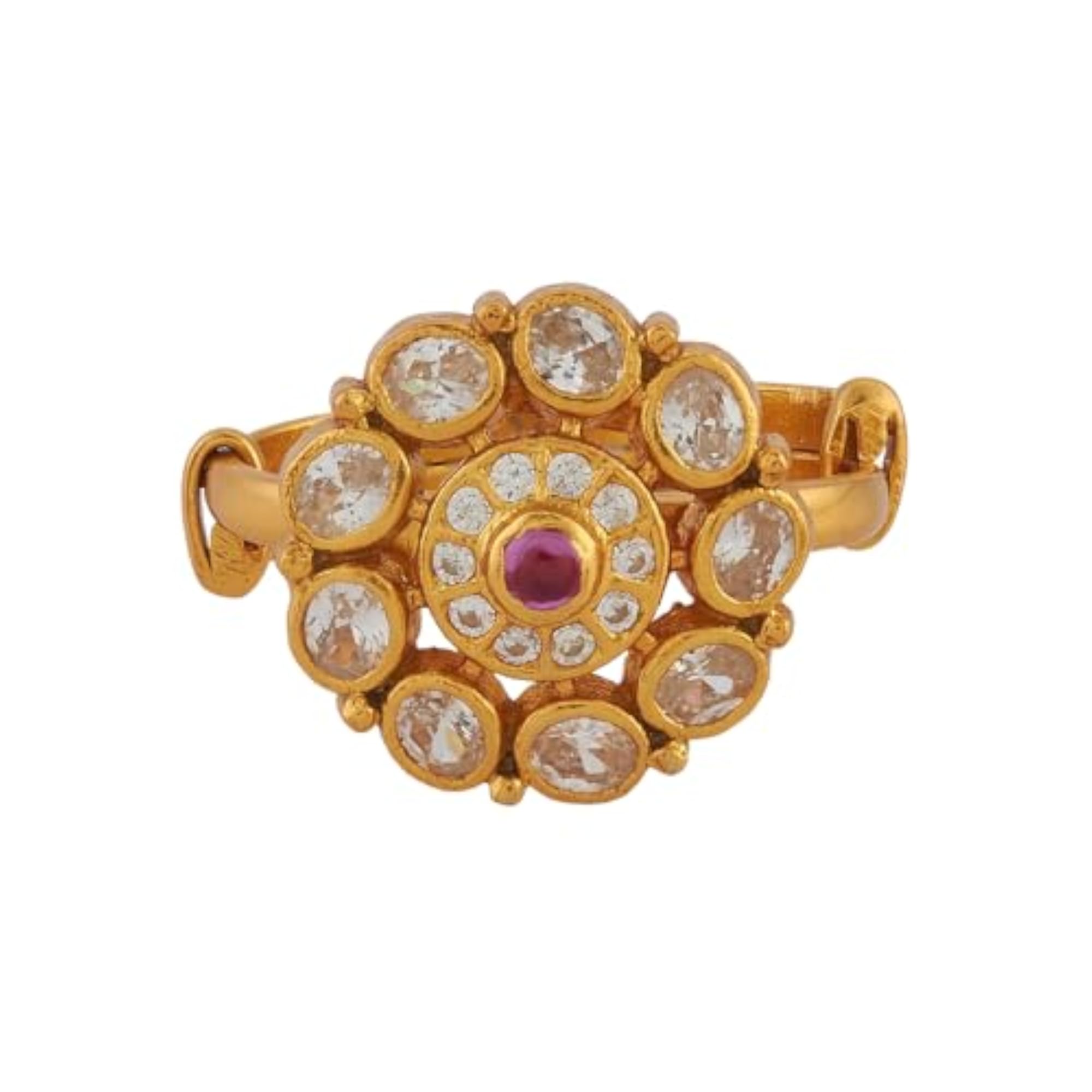 KUSHAL'S Ruby Gold Polished 92.5 Silver Temple Adjustable Finger Ring