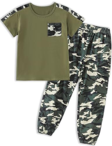 Image of mksodopy Boys Clothes Outfits Set, Camo Cargo Pants and Short Sleeve Pocket Tee 2PC Summer Tracksuit for Kids 5-16Y