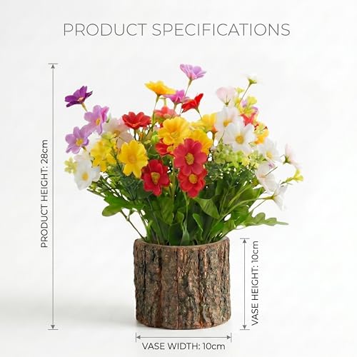 Image of Dekorly Artificial Multi Colore Daisy Flower with Real Wooden Vase (28CM Overall Height) | Decorative Lifelike Faux Floral Plant in Rustic Tree Log Pot for Living Room(Multi Colour Daisy)