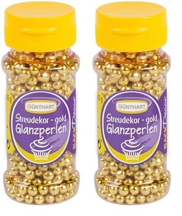 Günthart BackDecor | Glanzperlen Gold Streudekor | Sprinkle Streudeko | Gold Schokolade Kugeln | weicher Kern und Umhüllung | 2er Pack (1 x 65 g)