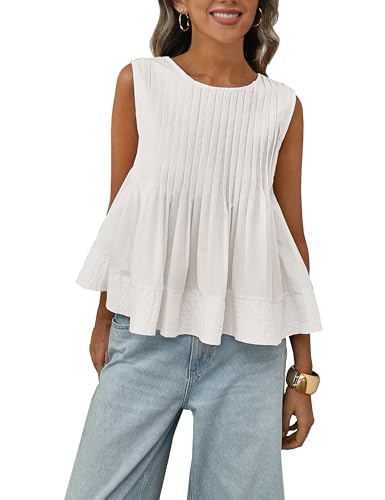 Megfie Womens Summer Pleated Peplum Sleeveless Blouse Tank Tops Round Neck Y2K Babydoll Blouse Shirt(0869-White-M)