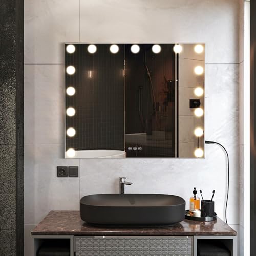 Image of M MIVONDA Large Vanity Mirror with 17 Bulbs Lights, Hollywood Lighted Makeup Mirror for Desk and Wall, Dimmable 3 Lighting Modes, Plug-in & USB Charger Port