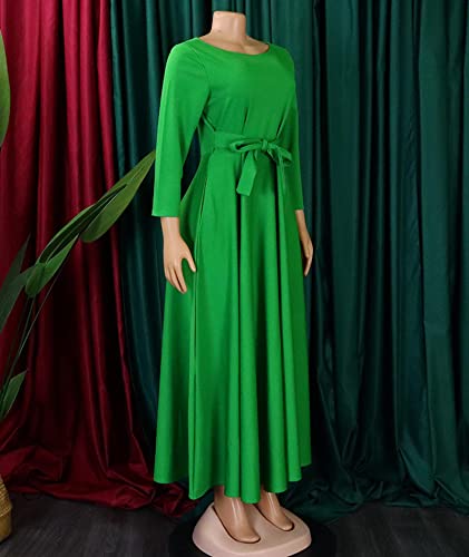 Image of SEMATOMALA Women's A Line Self Tie Waist Maxi Dress Round Neck Long Sleeve High Waist Plus Size Swing Flare Long Dresses