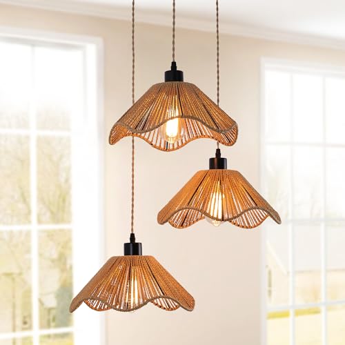 Oninio Boho Rattan Pendant Light 3-Light Ceiling Fixture, Hand-Woven Natural Wicker Hanging Lamp with Adjustable Cords, E27 Sockets, Farmhouse Rustic Coastal Style for Kitchen, Dining, Living Room