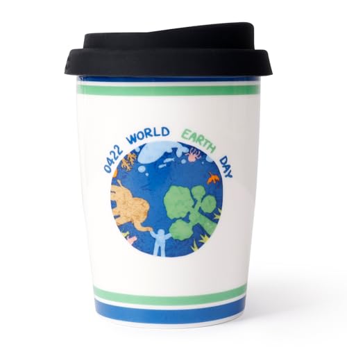 ALYC Reusable Ceramic Travel Coffee Cup – 8oz Double-wall New Bone China Coffee Mug with silicon lid (World earth day)