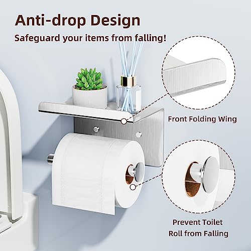 Self-Adhesive Toilet Paper Roll Holder - Wall Mount Or Adhesive Toilet Paper Holder with Shelf,Toilet Roll Holder, Tissue Holder for Bathroom,Wall Toilet Paper Holder, Stainless Steel,Chrome