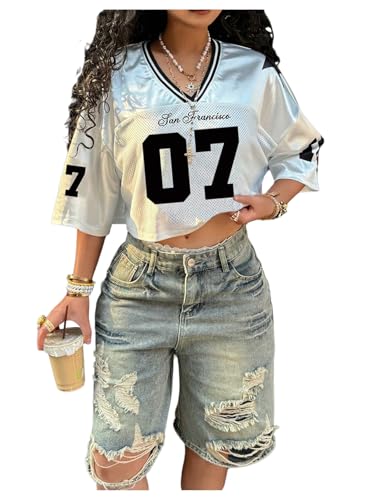 SweatyRocks Womens Number Graphic Jersey Shirts Y2k Crop Jerseys V Neck Oversized Baggy Tops Streetwear White 07 Medium