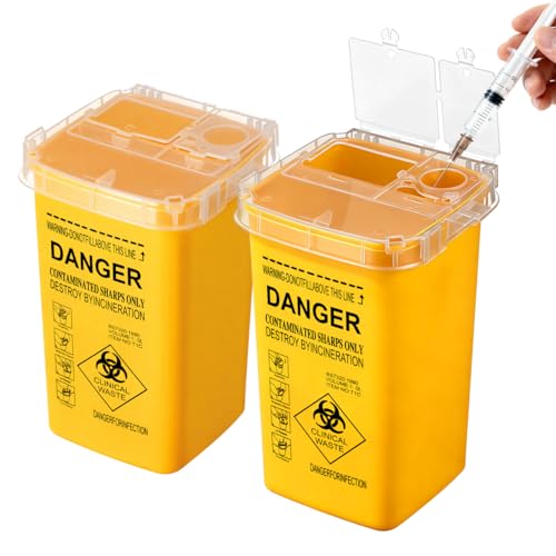Ciieeo 2 Stück Kanülenabwurfbehälter, EntsorgungsbehälterAbfallsammelbox Die Entsorgung von Nadeln Spritzenabwurfbehälter für Tattoo Tätowierungen Kanülen und Spritzen, 1 Liter (1000ml) Yellow