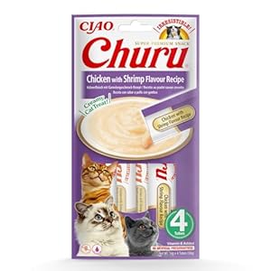 INABA Churu Püree Katzen-Leckerli – Katzenpaste zum Füttern aus der Hand – Köstliche Katzensnacks zum Schlecken – Katzensticks mit Hühnchen und Garnelen – 4 Tuben x 14g