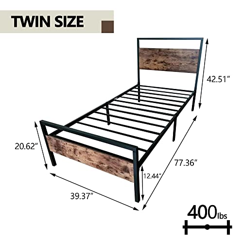 Alazyhome Modern Industrial Twin Size Bed Frame Metal Platform With Rustic Wooden Headboard And Footboard, No Box Spring Needed, Noise Free, Easy Assembly Black #TOP1