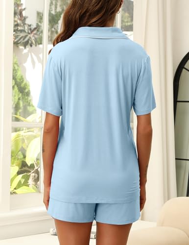 Image of ZMJ Pajamas for Women Set 2 Piece Pj Short Sets Bride Sleepwear Button Up Light Blue 3XL