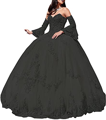 Ever Girl Ball Gown Lace Quinceanera Dresses For Women 2020 Sweetheart Long Sleeves Prom Dress Appliqued Beaded Party Gowns Black Us10 10 #TOP24