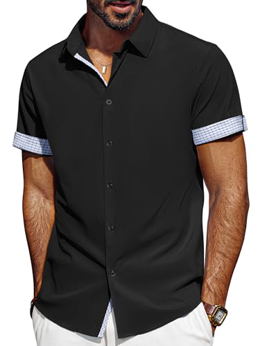 PJ PAUL JONES Men's Short Sleeve Button Down Shirt Wrinkle Free Casual Summer Beach Shirts with Plaid Contrast Flip Cuffs