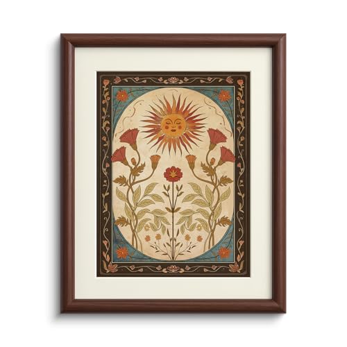 InSimSea Brown Framed Canvas Wall Art, Bedroom Small Vintage Art,11x14in, Retro Sun floral Paintings Prints, Country Bohemian Shelf Decor for Living Dining Room Hallway, Anti-dust(with acrylic panel)