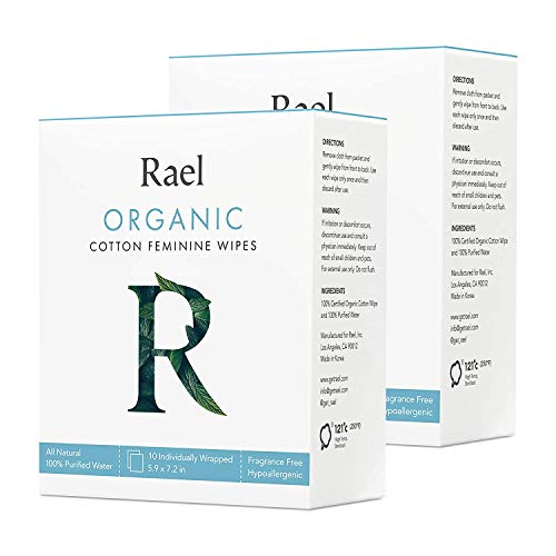 Rael Organic Cotton Feminine Wipes - Unscented, Organic Cotton, Ideal for Sensitive Skin, Individually Wrapped (2 Pack, 20 Count)