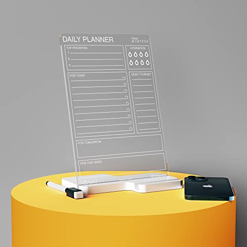 Image of 3 Lines Clarity+ 'Daily Planner Top Priorities' Acrylic Board for Desk (24x16 CM)| Best Planner & Organizer | White Acrylic Base With Slot for Phone| With 2 Markers & Cleaning Fabric |Regular Size