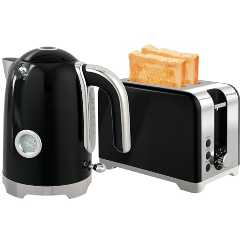 HOMCOM Retro Kettle and Toaster Set with Temp Display, 1.7L 3000W Rapid Boil Stainless Steel Jug Kettle with Thermostat Limescale Filter 2 Slice Toaster with 7 Browning Controls Crumb Tray, Black