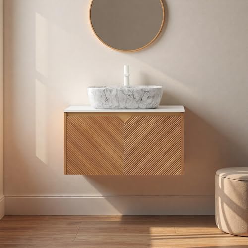 Image of Floating Bathroom Vanity with Sink, 30 inch Bathroom Storage Cabinet with Sintered Stone Countertop & Marble-Pattern Ceramic Basin, Wall-Mounted Vanity with 2 Twill Pattern Doors, Brown Oak