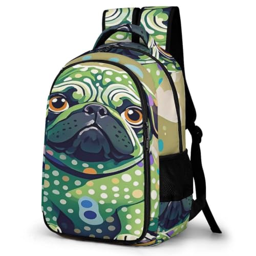 Mochila para portátil verde y cómoda con estampado Pug de lunares