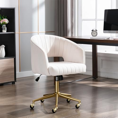 Image of Eifizek Velvet Office Desk Chair, Modern Home Desk Chair with Wheels & Gold Base, Swivel Vanity Chair for Bedroom, Office, Living Room Vanity Study (Ivory)