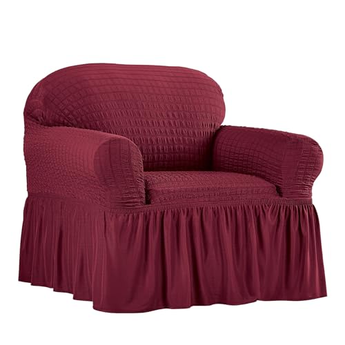 Collections Etc Fashionable Textured Square Stretch Slipcover with Ruffled Skirt - Protects from Spills, Stains, Pets Hairs, Wear & Tear - Home Decor