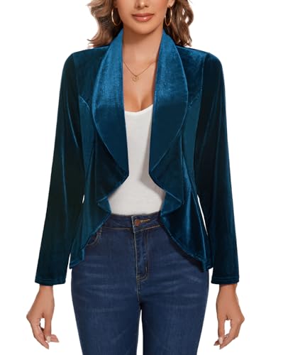 MINTLIMIT Velvet Blazers for Women Casual Work Office Long Sleeve Open Front Cardigan Ruffle Suit Jacket Coat Blazer