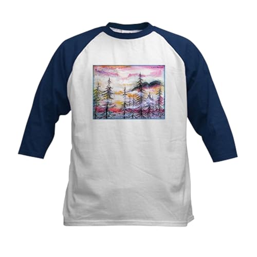 CafePress Misty Mountains, Art, Kids Baseball Jersey Kids Cotton Baseball Jersey, 3/4 Raglan Sleeve Shirt Navy/White
