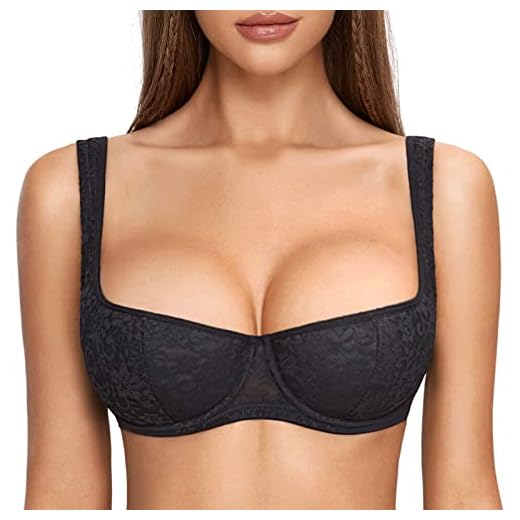 DOBREVA Women's Balconette Bra Sexy Lace Demi Underwire Shelf Plus Size Lightly Padded Wide Straps Black (Cup Size is Small. Order 1 Cup Size up.) 36B