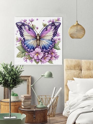 Image of askkqtx Butterfly Stamped Cross Stitch Kits for Adults 14x14 Inch | Flowers 11CT Needlepoint Counted Cross Stitch Kits for Beginner, Printed Embroidery Kit Art Craft for Home Wall Decor Gift