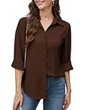 Stamain Brown Shirts for Women Formal Work Blouses Long Sleeve Chiffon V Neck Tops Button Down L
