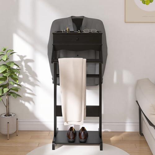 RELAHOGAR Clothes Valet Stand for Men, Wooden Clothing Rack with Drawer, Hanger, Tray, Drawer, Rods, Women Garment Valet for Bedroom, Living Room, Entryway, Office, Black - Thumbnail 6