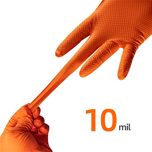 10mil Nitrile-Gloves Disposable-Orange Chemical-Resistant Rubber - Mechanic Gloves Heavy Duty, Latex Free, Diamond Grip (500, X-Large)