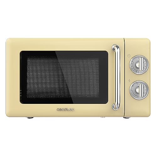 Cecotec Microondas Mecánico con Grill de 20 L Proclean 3110. 700 W en 6 Niveles, Temporizador hasta 30 Minutos, Modo Descongelación, Diseño Vintage en Amarillo, Acabados en Acero