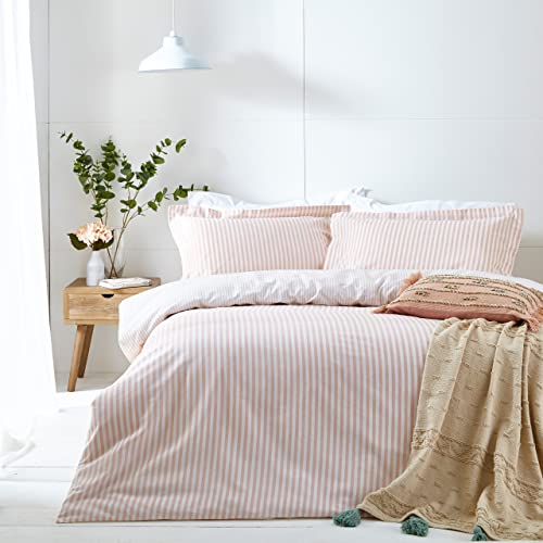 furn. Yard Hebden 100% Cotton Stripe Duvet Cover Set - Reversible Striped Bedding (Blush, King)