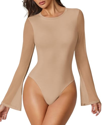 Avidlove Bell Sleeve Bodysuits Women Long Sleeve Body Suit One Piece Thong Slimming Body Suits Seamless (Nude XXL)