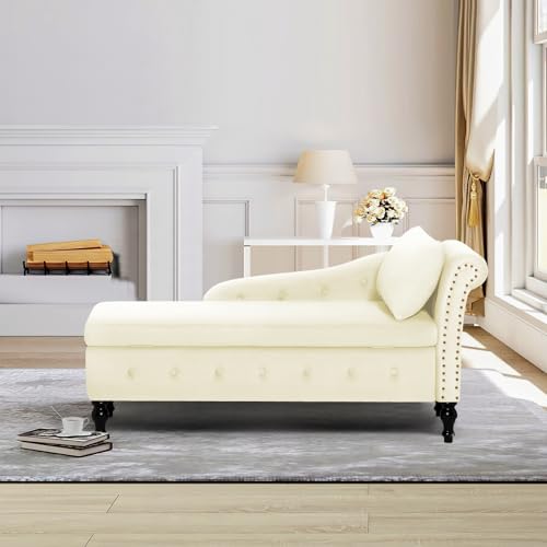 Upholstered Chaise Lounge with Right Armrest & Lumbar Pillow,Button Tufted Lounge Sofa with Storage,Lounge Chair Indoor,Modern Velvet Lounge Chair for Bedroom, Living Room and Office,Beige