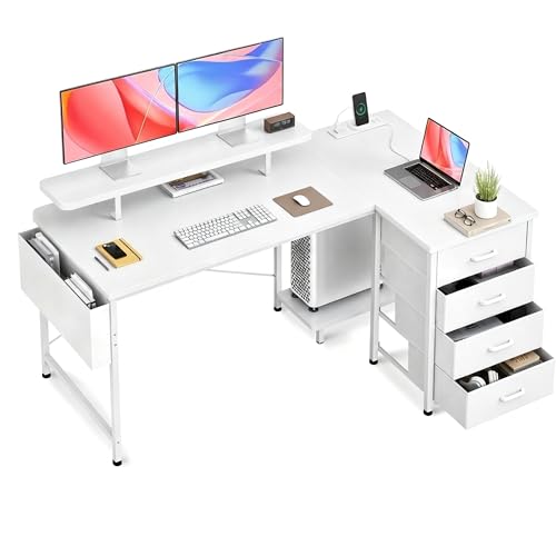 Claiks Bureau d'angle avec 4 Tiroirs,140x80x75 cm Bureau en L avec Prises de Courant et Ports de...