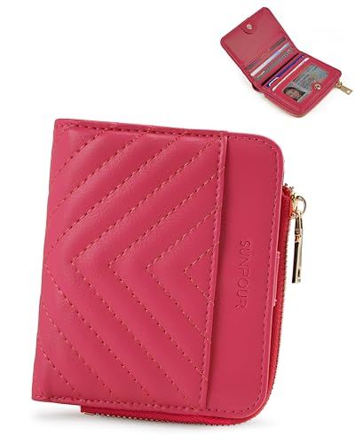 Image of Small Bifold Wallets Woman RFID Mini Wallet for Women Slim Card Holder with Zipper Coin Pocket & 2 ID Windows (Hot Pink)