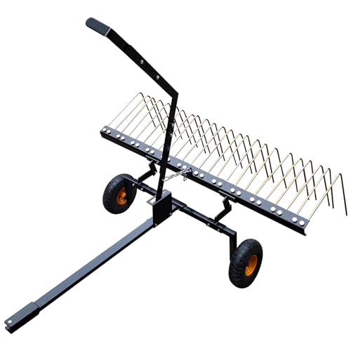 Tow Behind Dethatcher, 60-inch Tow Dethatcher with 24 Steel Tines, Lawn Dethatcher Rake for ATV or Mower, Tow Behind Lawn Rake with Lift Handle for Leaves, Pine Needles, and Grass