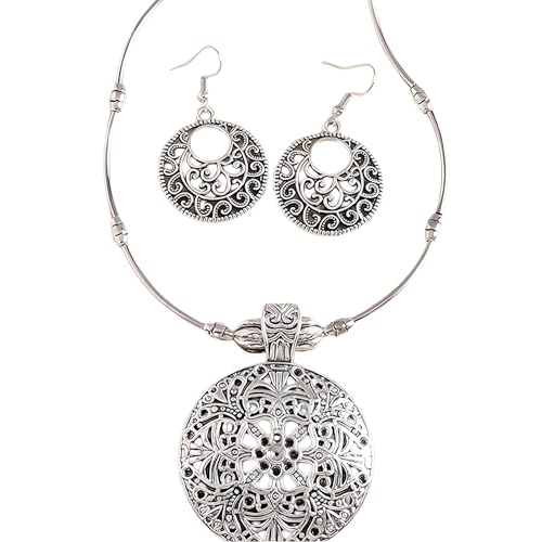 Juego de collar de filigrana y pendientes vintage con cadena de 43 cm chapada en plata 1