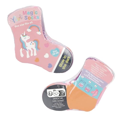 Depesche 13337 Ylvi - Glow in The Dark Socken in Rosa, mit Einhorn Motiv, Herzen und Regenbogen, Größe 26-36