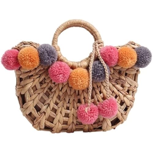 Sac paille plage tissé avec bandoulière et pompon coloré pour look bohème et féerique