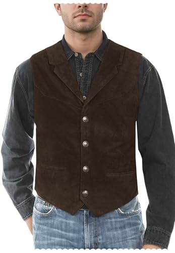 Men's V-Neck Suede Suit Vest Business Cowboy Faux Leather Waistcoat with Pockets4
