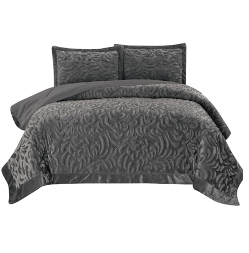 PHP Super Soft Velvet Quilted Bedspread King Size Bedding Set 3 Piece with Matching Shams - Warm Quilt Blanket for Bedroom Decor for Teen Girls - Grey - Cosy Home Interiors PHP Super Soft Velvet Quilted Bedspread King Size Bedding Set 3 Piece with Matching Shams - Warm Quilt Blanket for Bedroom Decor for Teen Girls - Grey - Image 6