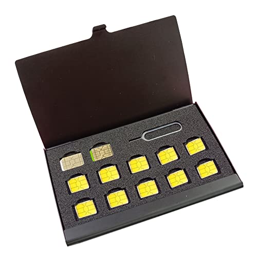 Aluminum SIM Card Case, Universal Waterproof Slim Mini SIM Card Slots Storage Case, Can Hold 12 Nano SIM Card &1 Cell Phone Eject Pin Slots (Black) with 1 Cell Phone Card Pin