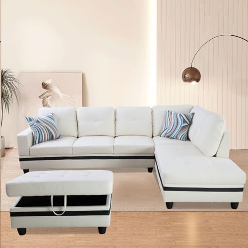 Image of L-Shaped 3-Piece Semi PU Synthetic Leather Sofa with Storage Ottoman Set, Sectional Couch Sofa Set for Living Room, Office, Small Space, White and Black-2