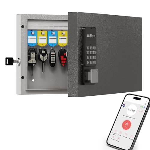 WeHere 24 Key Lock Box Wall Mount, APP Bluetooth/OTP/Wi-Fi/Fixed Code/Key Unlock, Smart Key Cabinet with Key Tag, Key Organizer Holder Box, Key Management Directory for Office, Valet, Realtor, Hotel