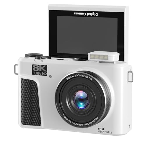 Dpofirs 8Kデジタルカメラ、88MP 18xズームWifi Vlogカメラ3インチフリップスクリーンを備えたカメラ、複数のフィルターを備えたオートフォーカスビデオカムカメラ (白)